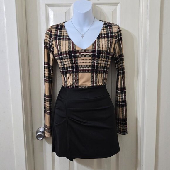 Chocolate Tops - Women's CHOCOLATE Striped Plaid Long Sleeve Beige Bodysuit Size M